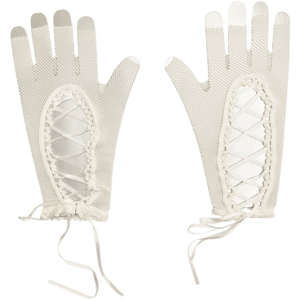 Fishnet Fingerless Gloves with Lace Up Detail - White